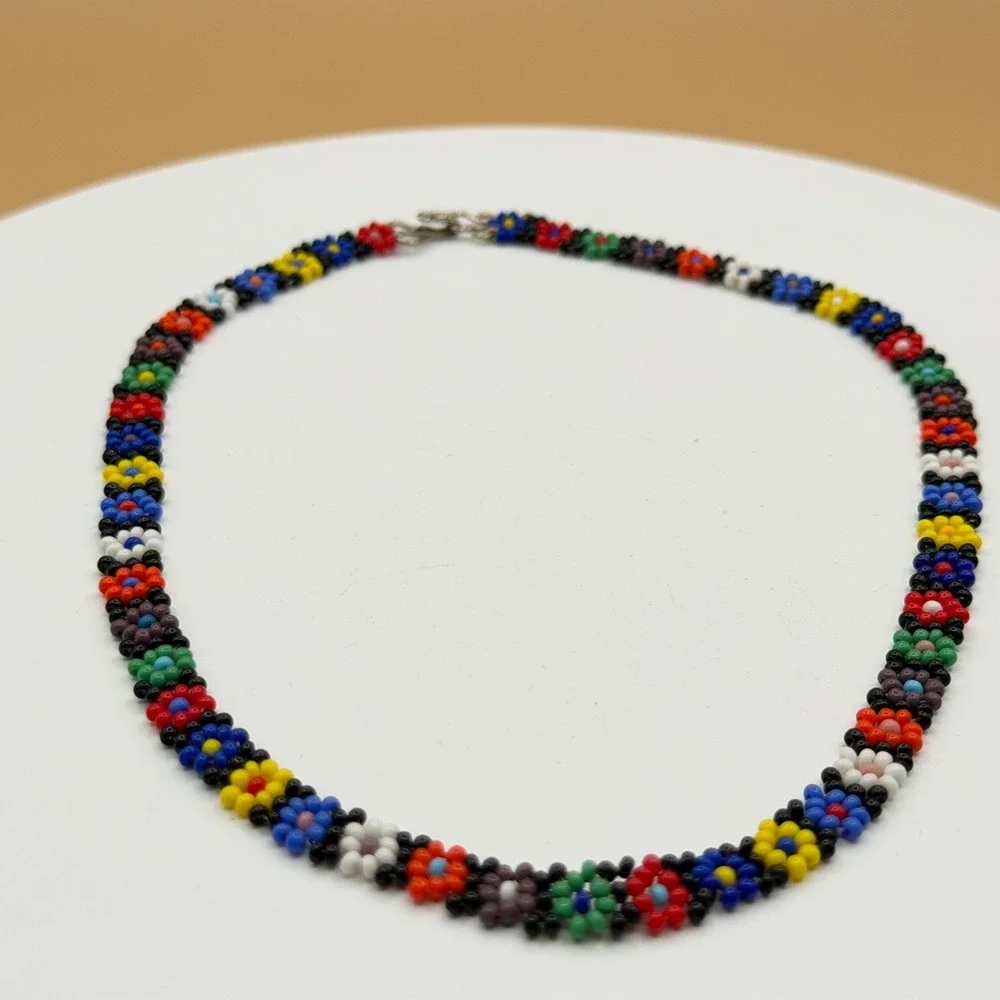 Multicolor Seed Bead Daisy Flower Choker Necklace Black Floral Boho Y2K Jewelry